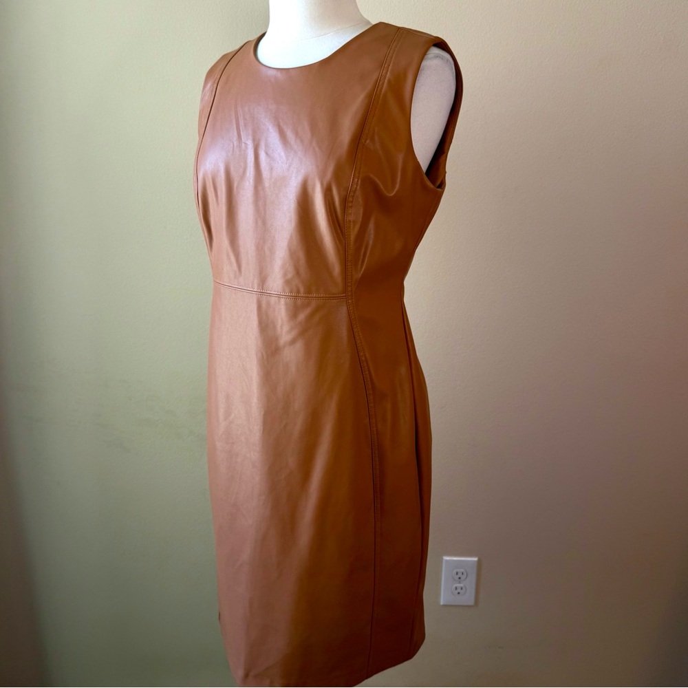 CALVIN KLEIN Sleeveless Faux Leather Dress Size 14 Camel Tan - Picture 5 of 15